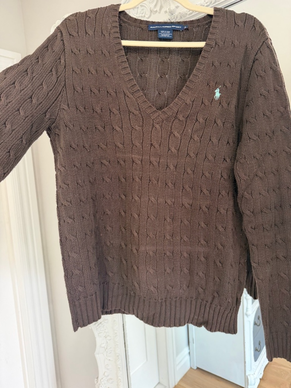 Ralph Lauren Brown Cable Knit V-Neck Logo Sweater Top - Picture 5 of 5